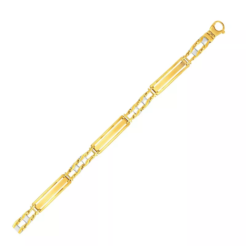 14k Two Tone Gold Fancy Bar Style Men's Bracelet with Curved Connectors (8.25 Inch)