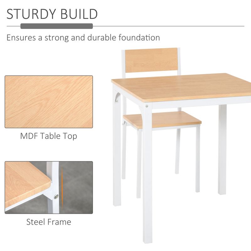 HOMCOM 3-Piece Wooden Square Dining Table Set with 1 Table and 2 Chairs and Sturdy Metal Frame, White - 27.5"x27.5"x29.5" - White