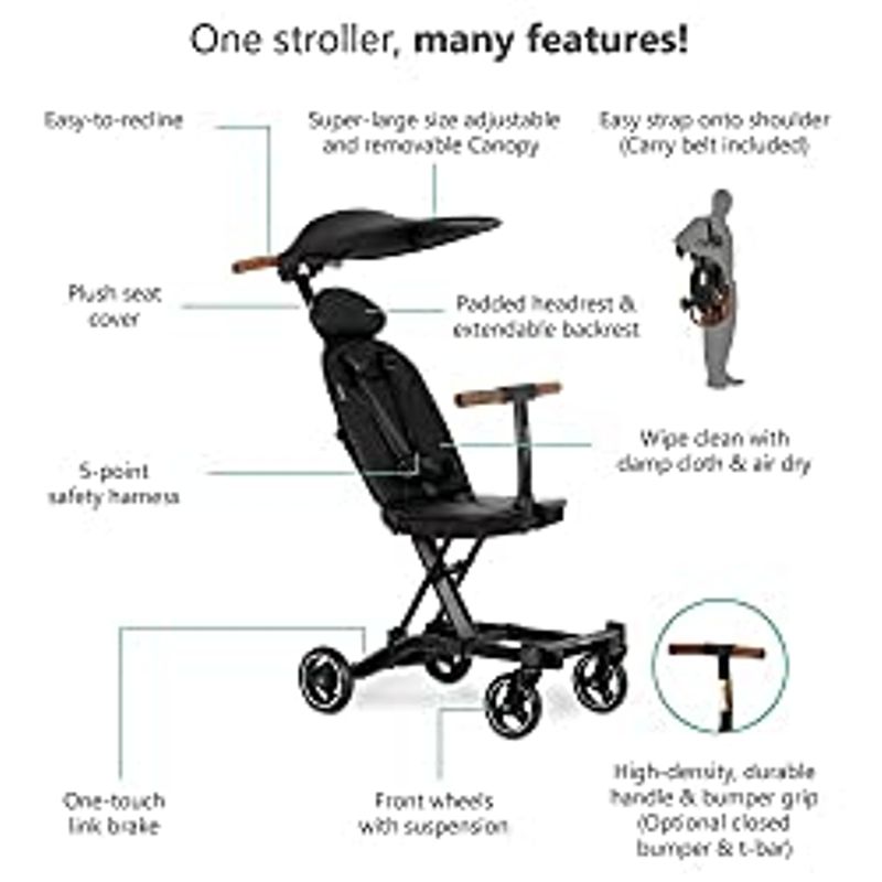 Evolur Cruise Rider Stroller with Canopy, Lightweight Umbrella Stroller with Compact Fold, Easy to Carry Travel Stroller - Noir Black