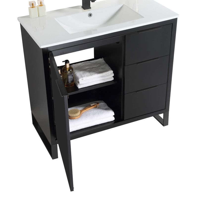 Fine Fixtures Opulence Collection Bathroom Vanity with White Ceramic Sink - 36 Inch - White Matte - Chrome Hardware