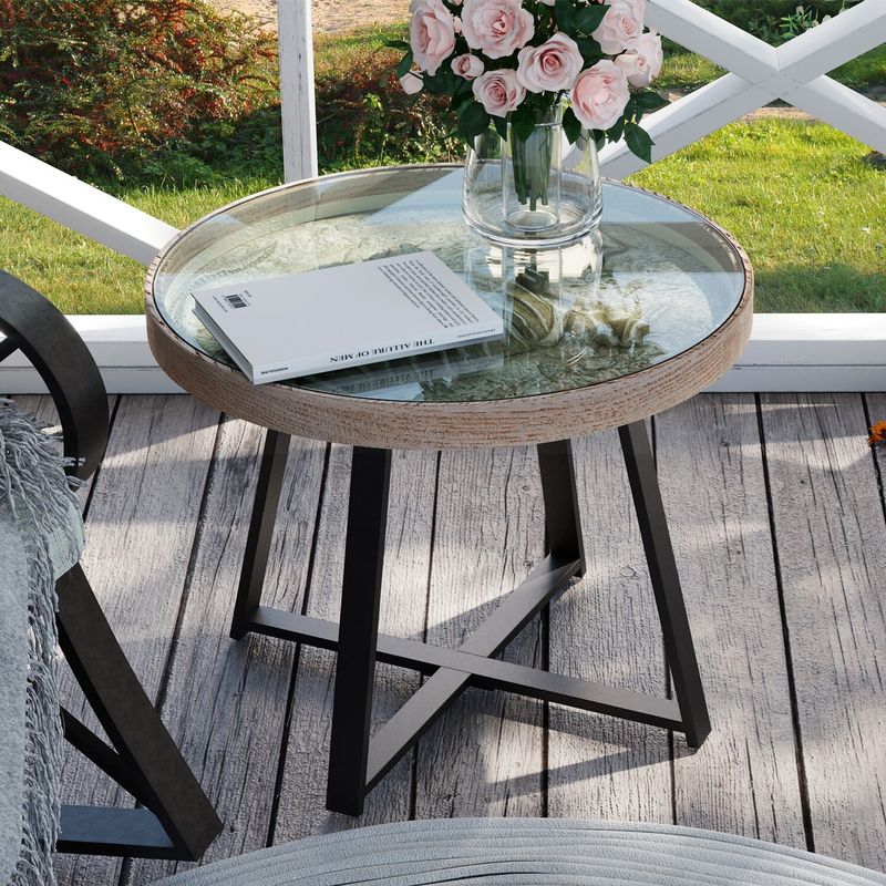 COSIEST Outdoor Coffee Table with Glass Top, Dinosaur Bones Fossil Display - Black/White