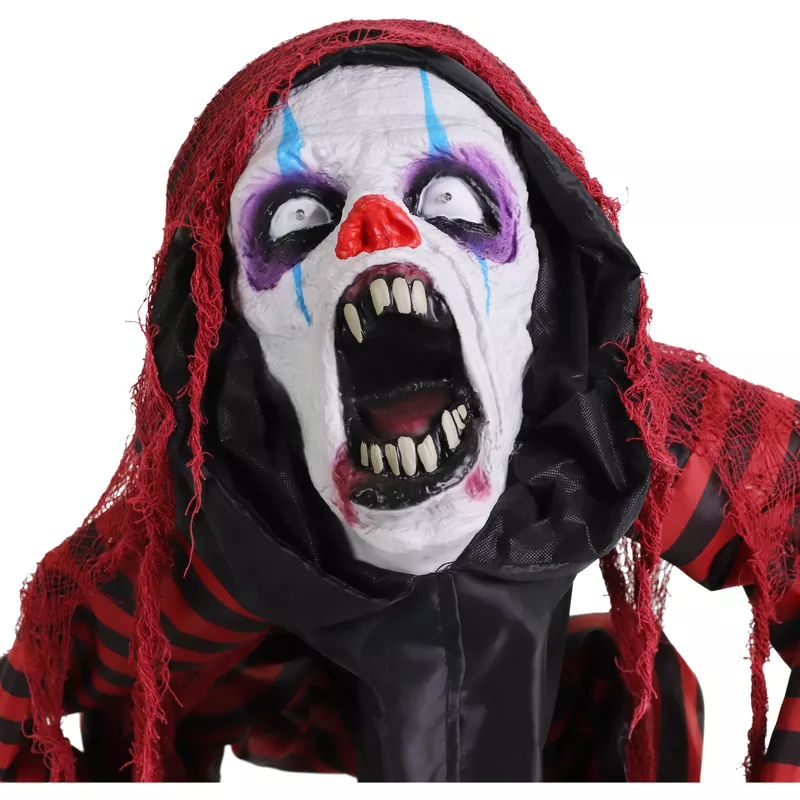 Animatronic Squatting Clown Dog with Movement, Sounds, and Light-Up Eyes for Scary Halloween Decoration