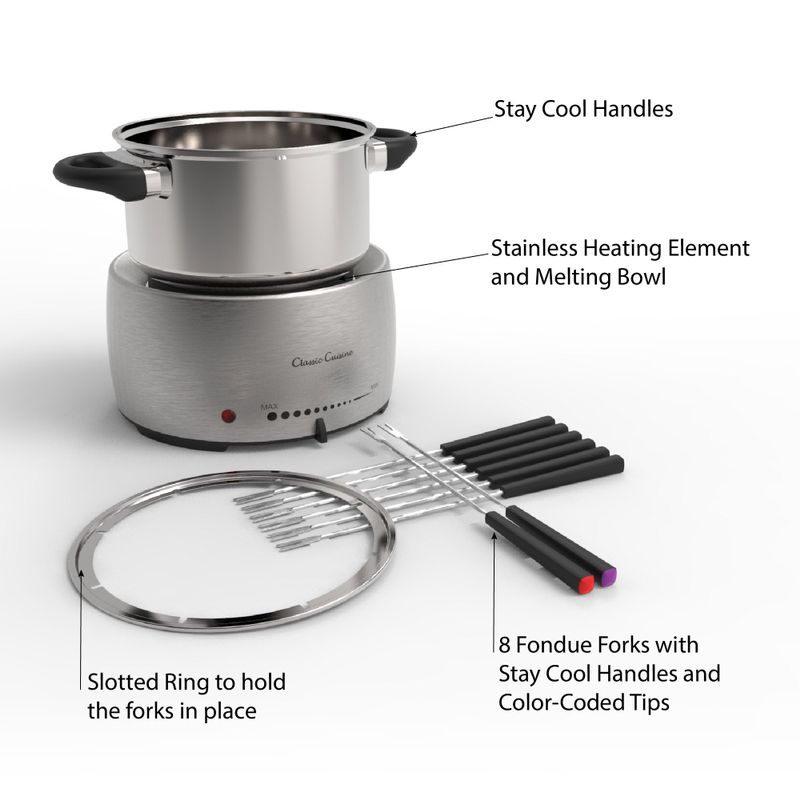 Stainless Steel Fondue Pot Set Includes 8 Forks By Classic Cuisine - Stainless Steel