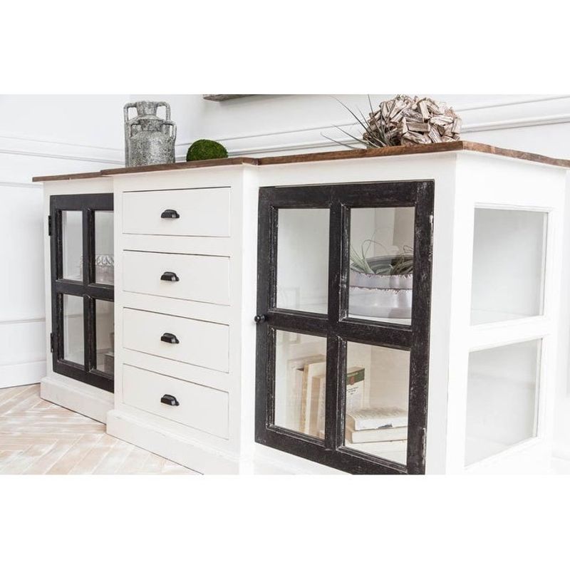 Bourchier White & Black Solid Wood w/ Medium Brown Top, 4 Drawer & 2 Glass Cabinet Buffet - 75.0L x 20.8W x 34.3H - 75.0L x 20.8W x 34.3H