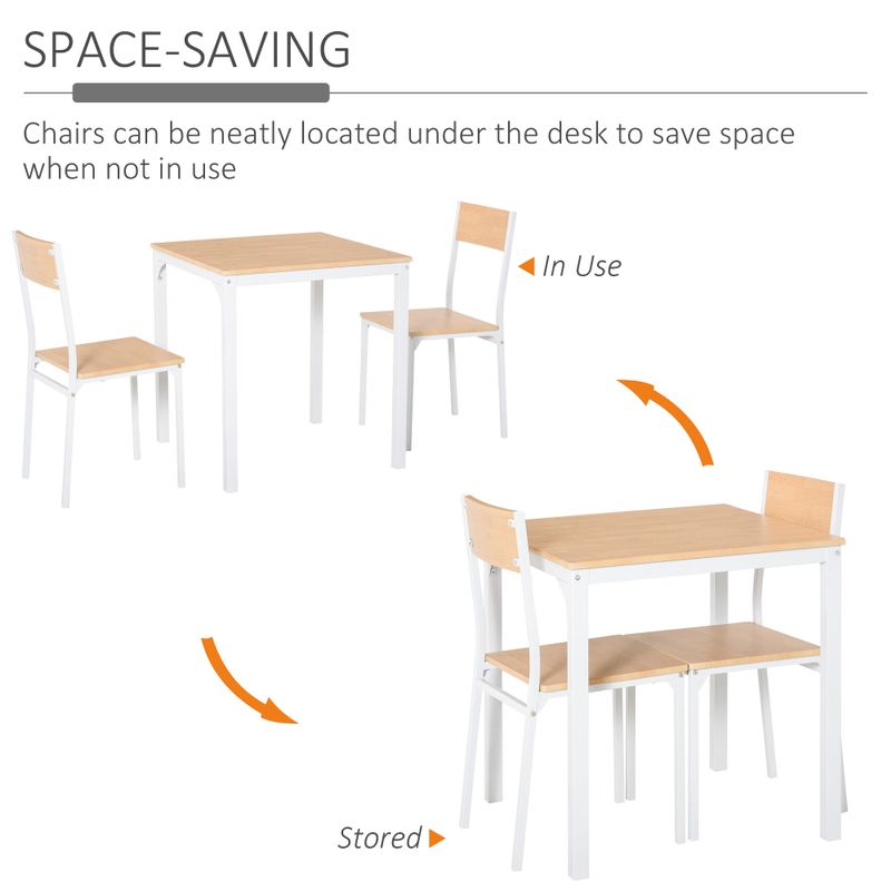 HOMCOM 3-Piece Wooden Square Dining Table Set with 1 Table and 2 Chairs and Sturdy Metal Frame, White - 27.5"x27.5"x29.5" - White