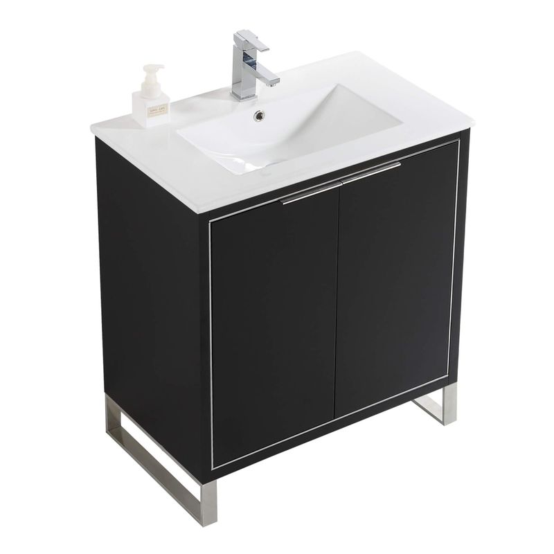 Fine Fixtures Opulence Collection Bathroom Vanity with White Ceramic Sink - 30 Inch - Walnut Ebony - Black Hardware