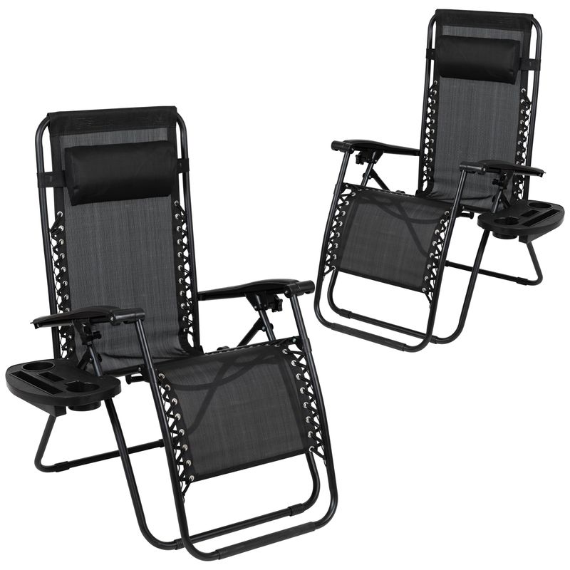 2 Pack Adjustable Mesh Zero Gravity Lounge Chair with Cup Holder Tray - Black