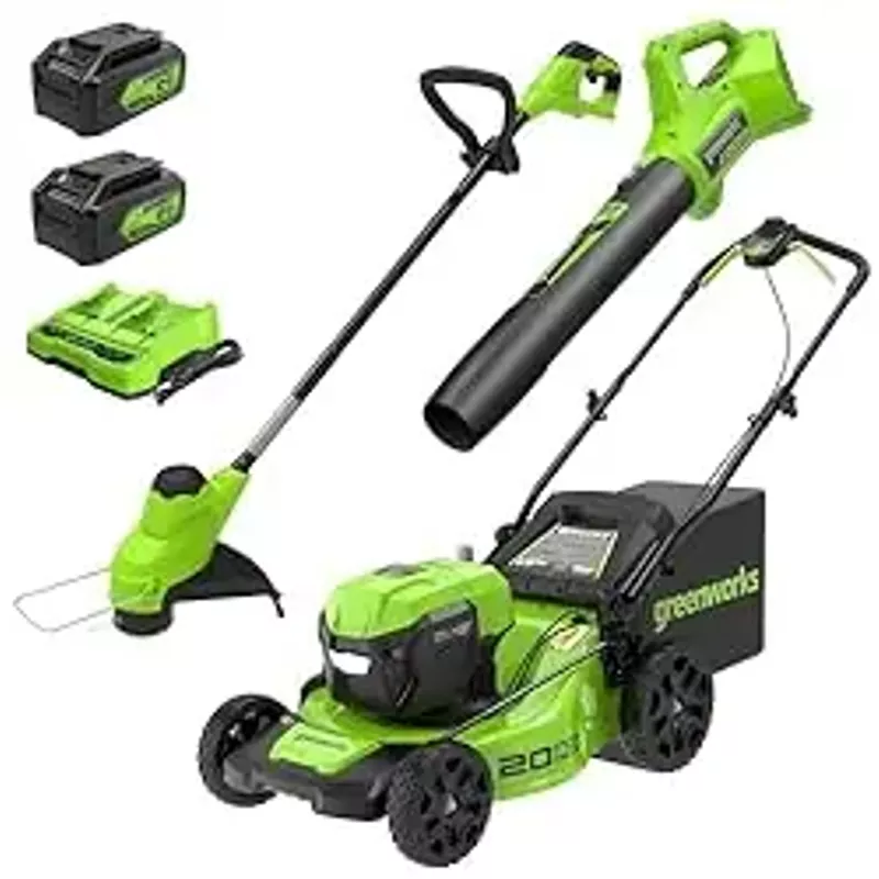 Greenworks 2 x 24V 20" Brushless Cordless (Push) Lawn Mower + Blower (320 CFM) + 12" String Trimmer, (2) 5.0Ah Batteries and Charger Included (125+ Compatible Tools)