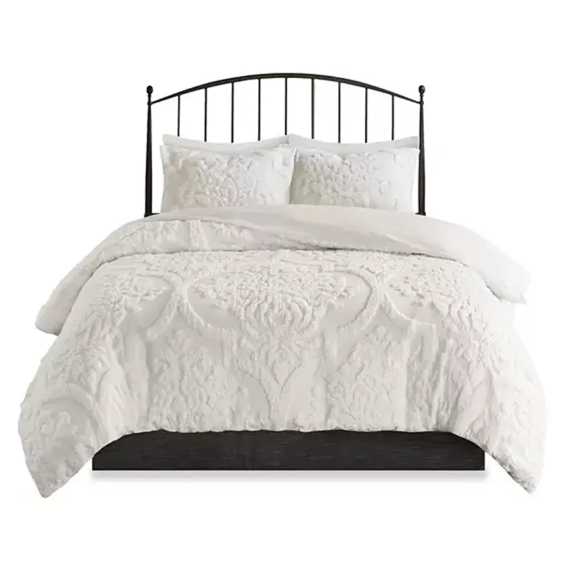 Off-White Viola 3 Piece Tufted Cotton Chenille Damask Duvet Cover Set King/Cal King
