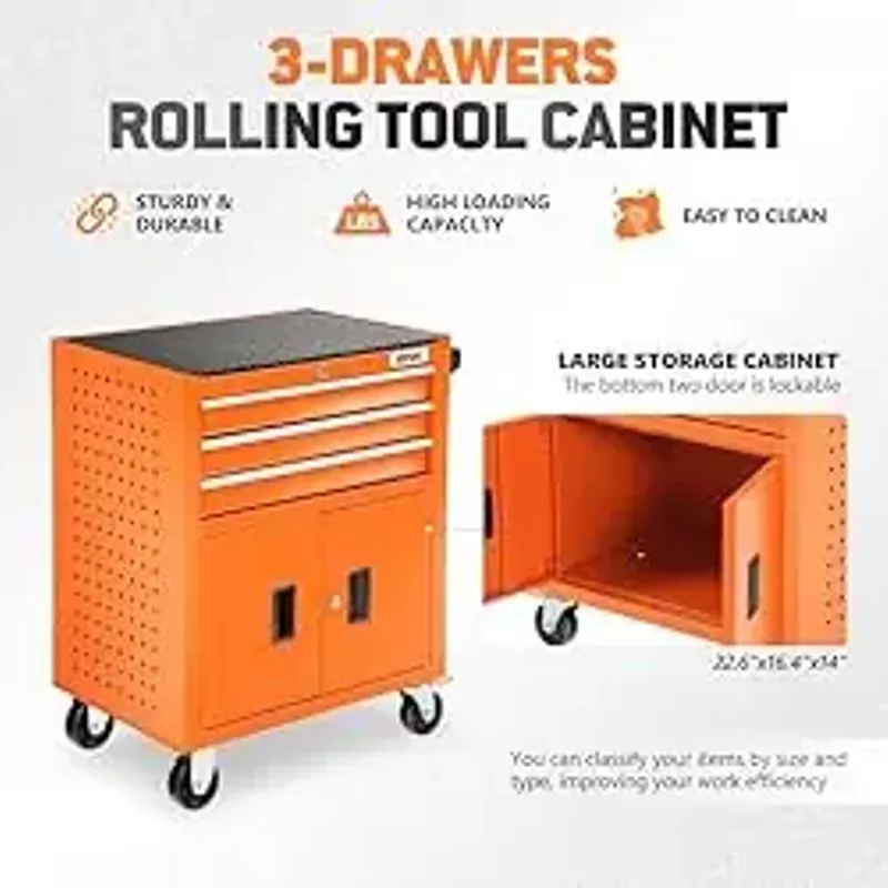 DNA MOTORING 3-Drawers Rubber Top Utility Rolling Tool Chest Cabinet with Wheels, Heavy Duty Industrial Service Cart Keyed Locking System, for Garage Warehouse Workshop, Orange, TOOLS-00405