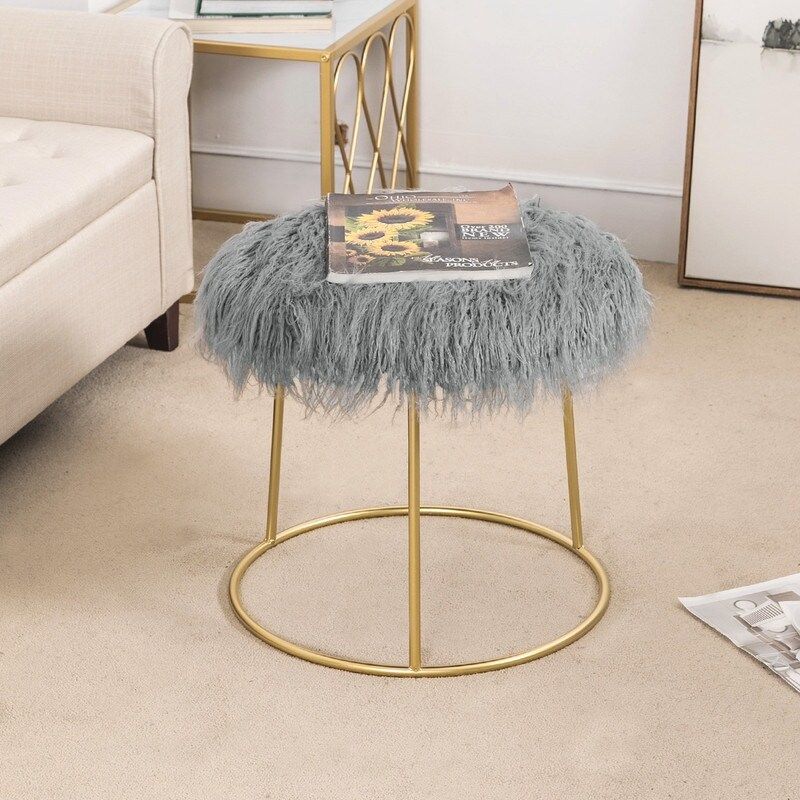 Adeco Vanity Stool Chair Fluffy Ottoman Footrest Round Metal Base - Pink