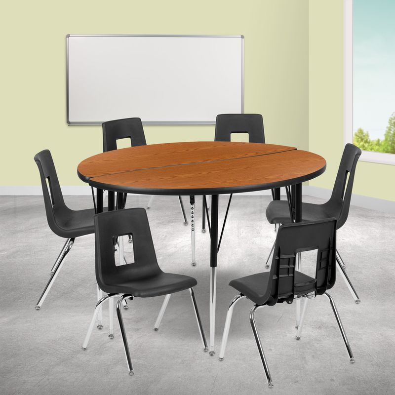 47.5" Circle Wave Collaborative Laminate Activity Table Set with 18" Student Stack Chairs, Grey/Black - Grey