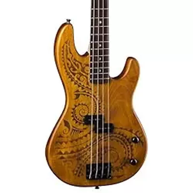 Luna Tattoo 34" Long Scale Electric Bass Guitar, Satin Natural