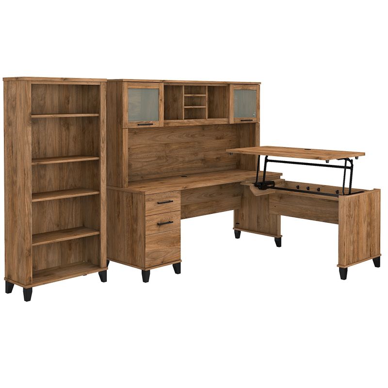 Somerset 72W Sit to Stand L-Desk with Hutch and Bookcase in Ash Gray - Maple Cross