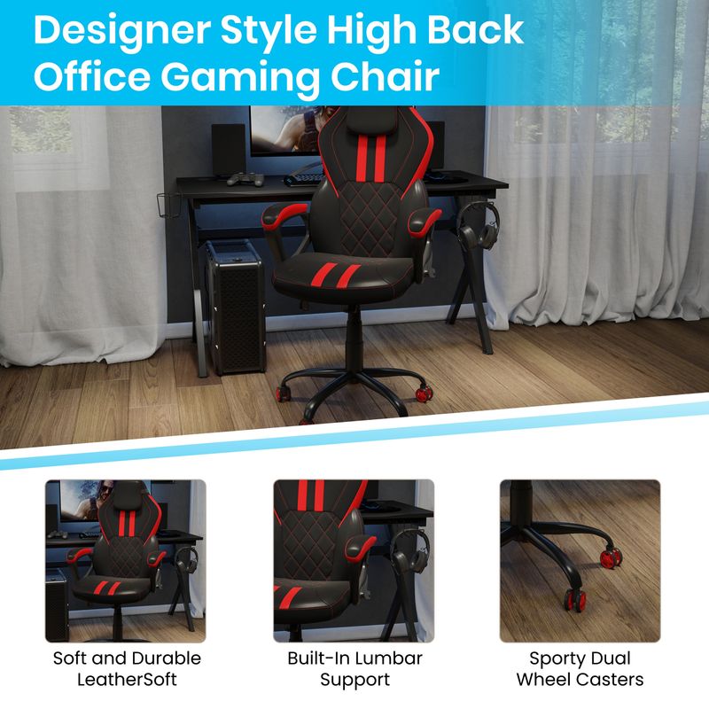 Ergonomic Designer Computer Gaming Chair with Diamond Stitching - 24.75"W x 27"D x 44" - 48"H - 24.75"W x 27"D x 44" - 48"H - Black/Red