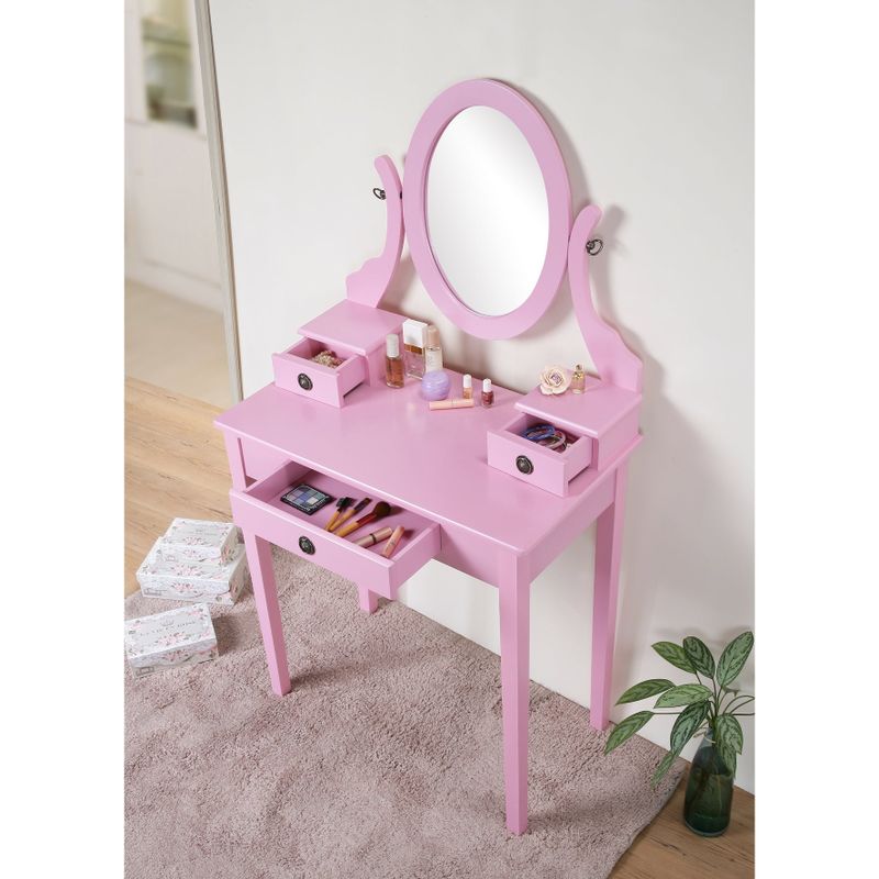 Roundhill Furniture Moniys Wood Moniya Makeup Vanity Table and Stool Set - Pink