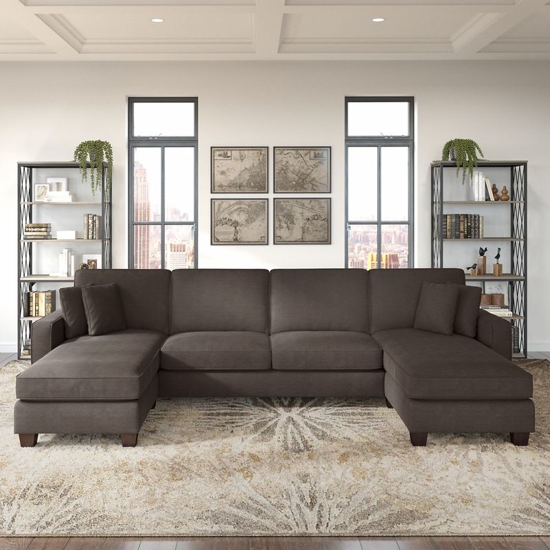 Stockton 131W Sectional Couch with Double Chaise by Bush Furniture - Tan Microsuede Fabric