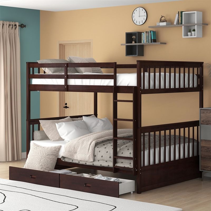 Merax Full over Full Bunk Bed with Ladders and 2 Storage Drawers - Walnut