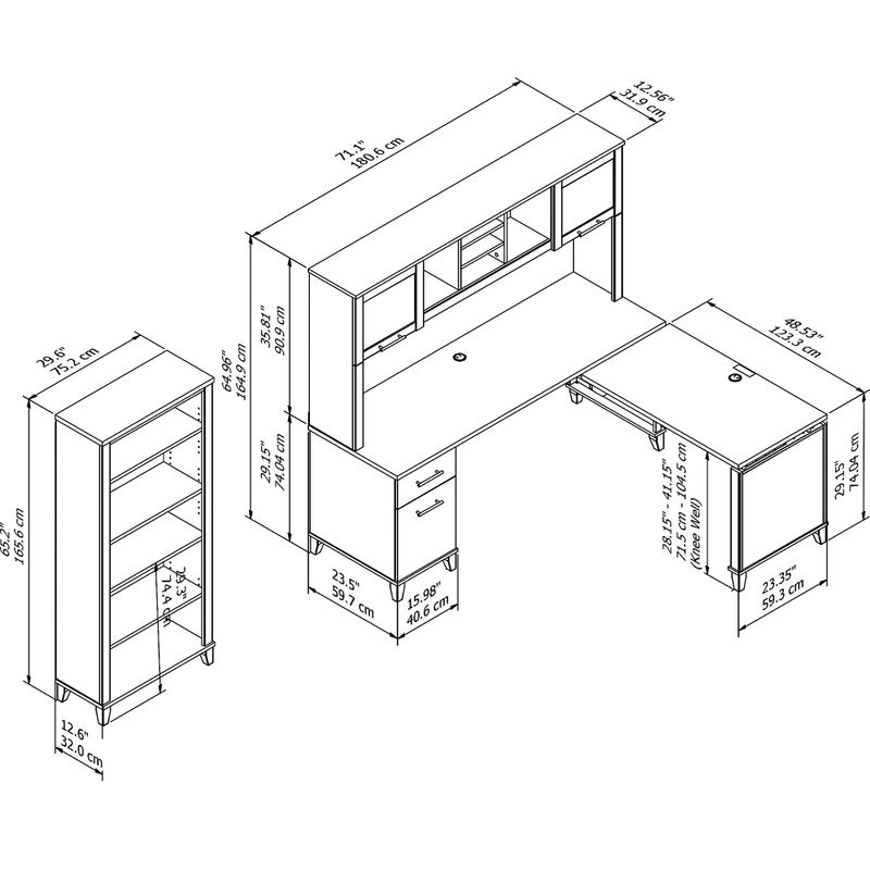 Somerset 72W Sit to Stand L-Desk with Hutch and Bookcase in Ash Gray - Maple Cross