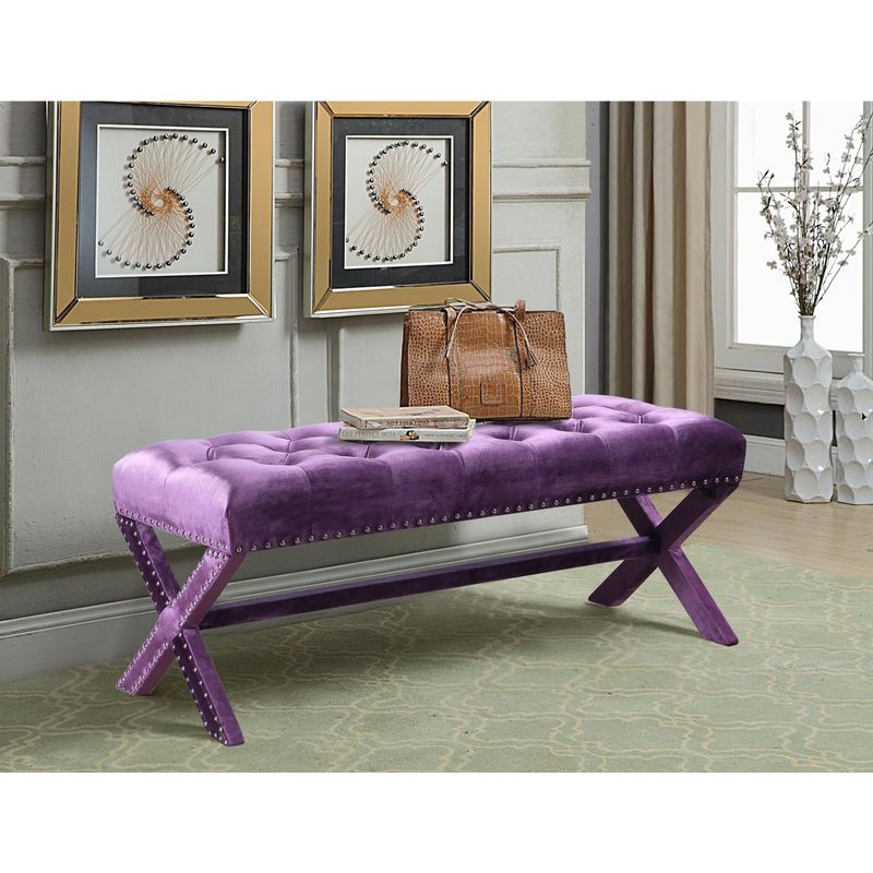 Chic Home Dianna Updated Neo Traditional Polished Nailhead Tufted Linen X Bench - Purple