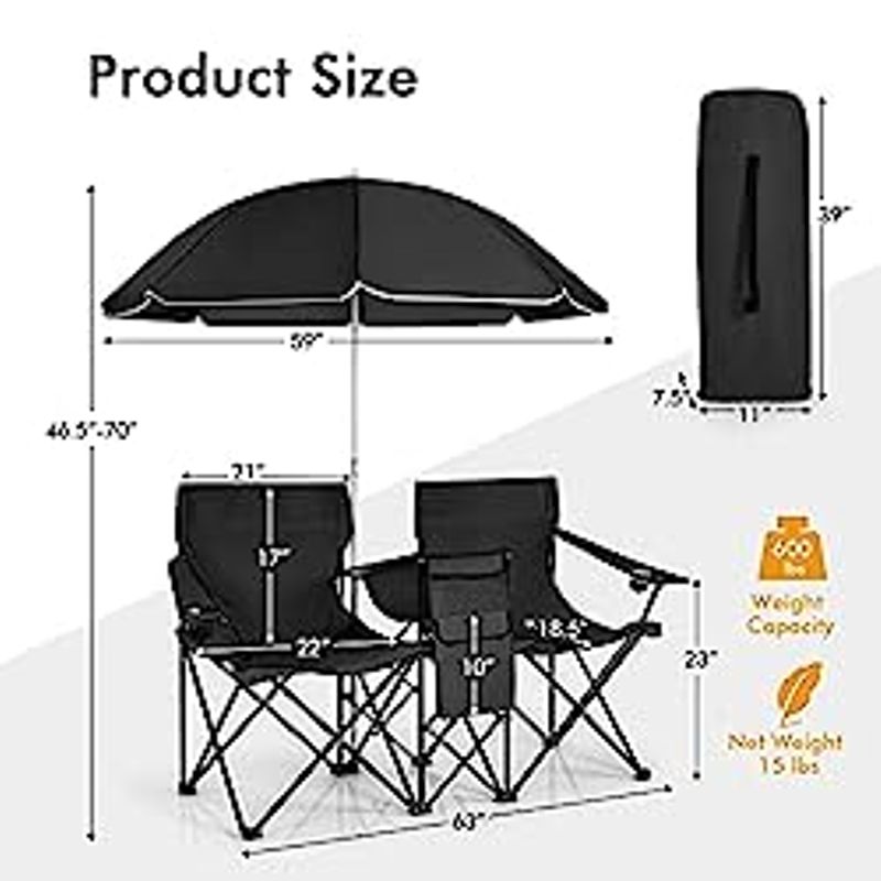 COSTWAY Double Portable Picnic Chair Camping Furniture, Black
