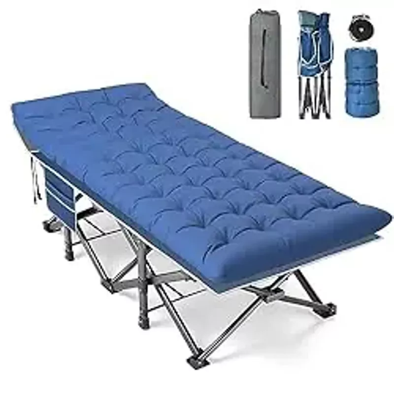 Slendor XXL Folding Camping Cot for Adults,79" L x 32" W x 19" H Camp Cot, Oversized Sleeping Cot with Mattress, Carry Bag, Strapping, Cot Bed for Tent, Office Support 500lbs, Blue Cot w/Blue Pad