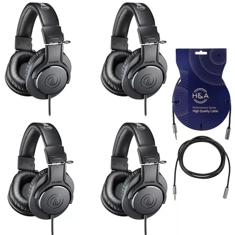 Audio-Technica Audio-Technica 4-Pack ATH-M20x Professional Monitor Headphones, 96dB, 15-20kHz, Black Bundle wit 2x H&A 3.5mm Male TRRS to 3.5mm Female Headset Extension Cables 6"