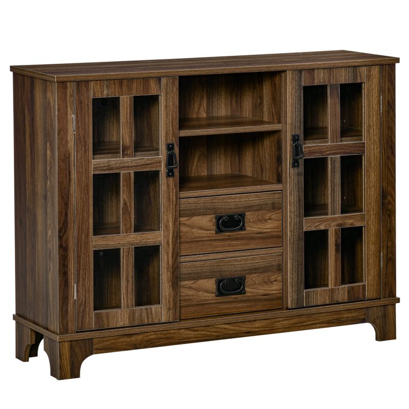 HOMCOM Sideboard Storage Cabinet, Kitchen Cupboard Buffet Server with Glass Doors, 2 Drawers & Adjustable Shelves - Walnut