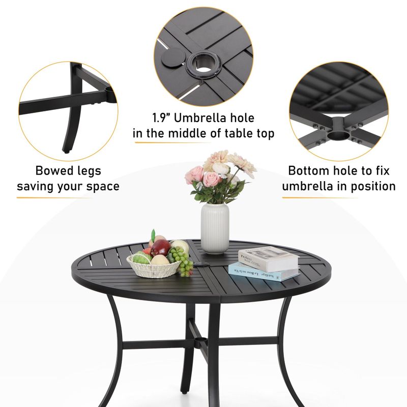 PHI VILLA 5-Piece Patio Dining Set Metal E-coating of 4 Upgraded Back Pattern Chairs & 1 Umbrella Hole Metal Table - Black - 5-Piece Sets