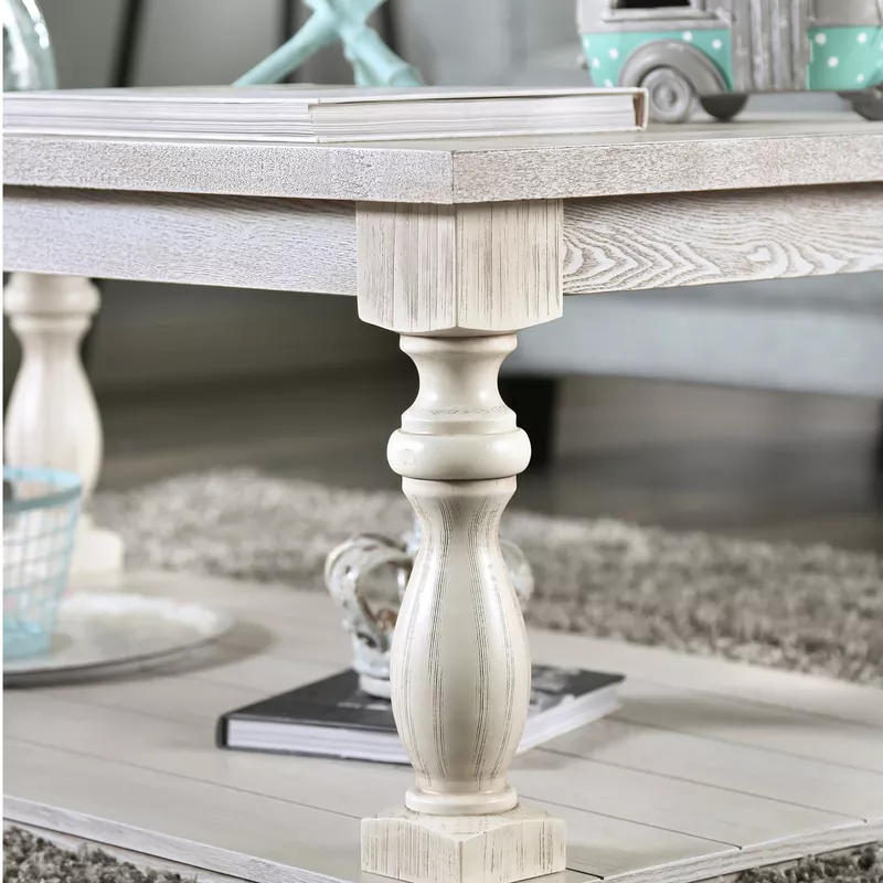 Rustic Wood Open Shelf Coffee Table in Antique White