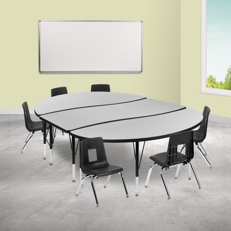 86" Oval Wave Collaborative Laminate Activity Table Set with 12" Student Stack Chairs, Grey/Black - Oak
