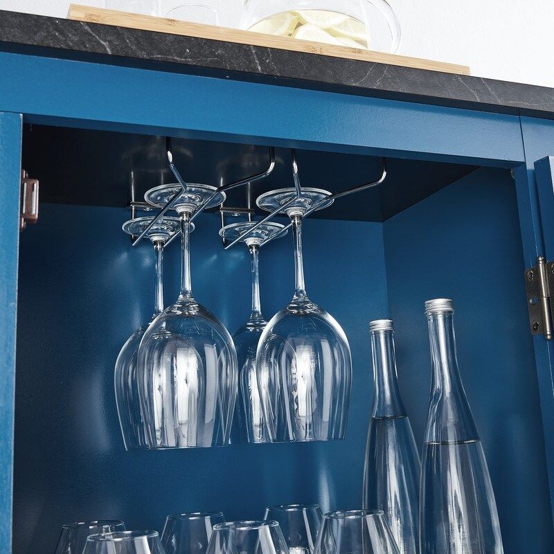 47 in. Blue Wood Buffet Bar Cabinet with Wine Rack with Marbling Pattern Countertop - N/A - Blue