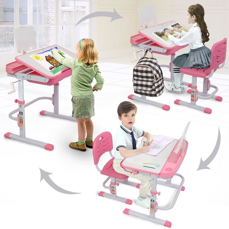 Hand-Operated Lifting Table Top Can Tilt Children's Study Desk,Chair - Grey