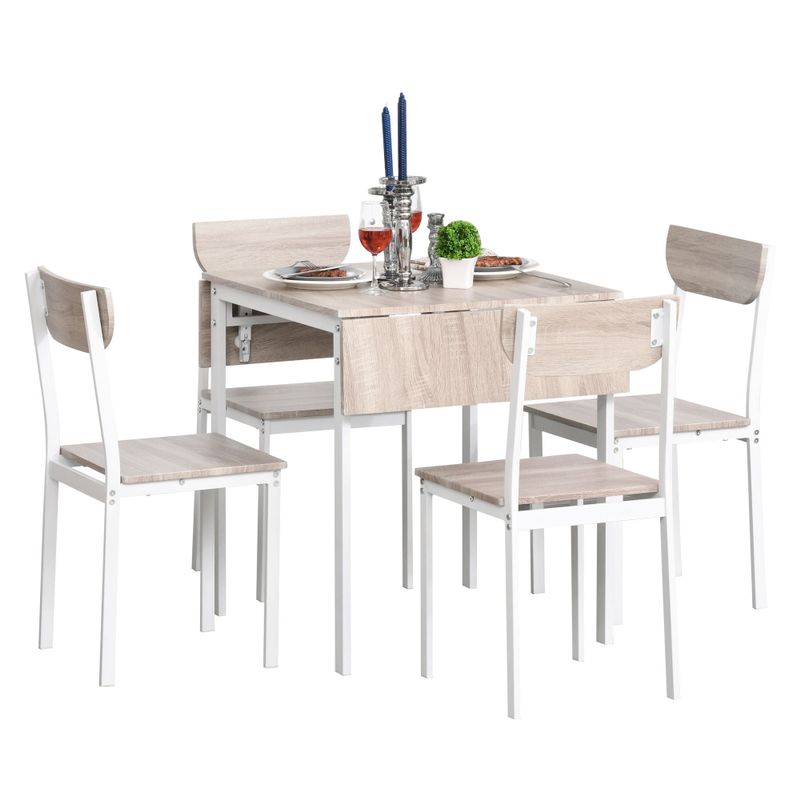 HOMCOM Modern 5-Piece Dining Table Set for 4 with Foldable Drop Leaf, 4 Chairs, and Metal Frame for Small Spaces, White - 27.5" L x...