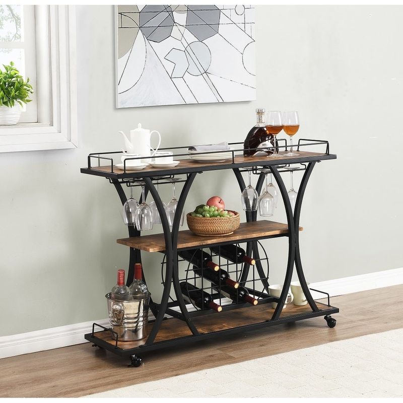 Industrial Bar Cart, Serving Cart for Home with Wheels - Brown+Black - MDF