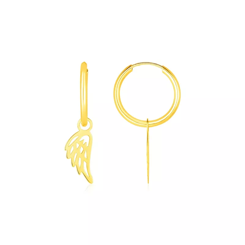 14K Yellow Gold Hoop Earrings with Angel Wings