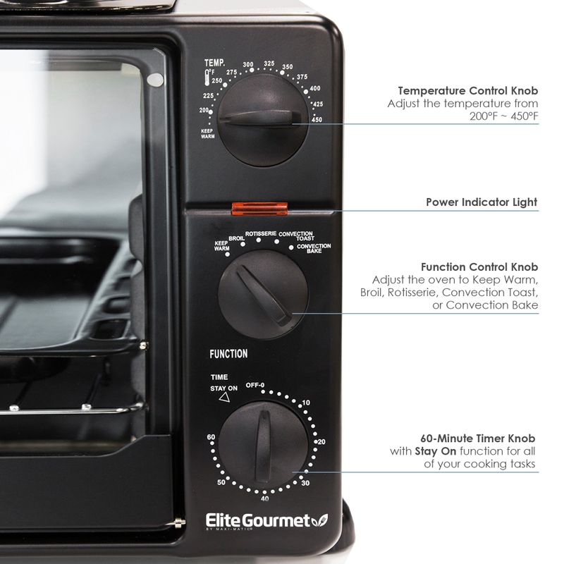 Elite Cuisine 0.8Cu. Ft. Multi-function Toaster Oven with Rotisserie & Grill/Griddle Oven Top - Black