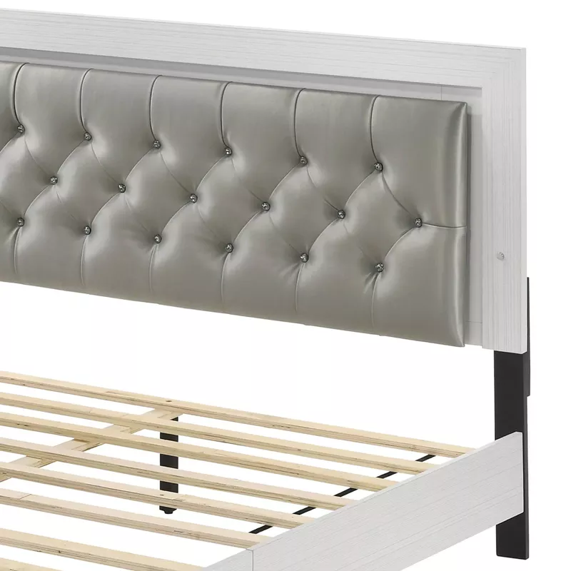 ACME Casilda Queen Bed w/LED, Gray Synthetic Leather & White Finish