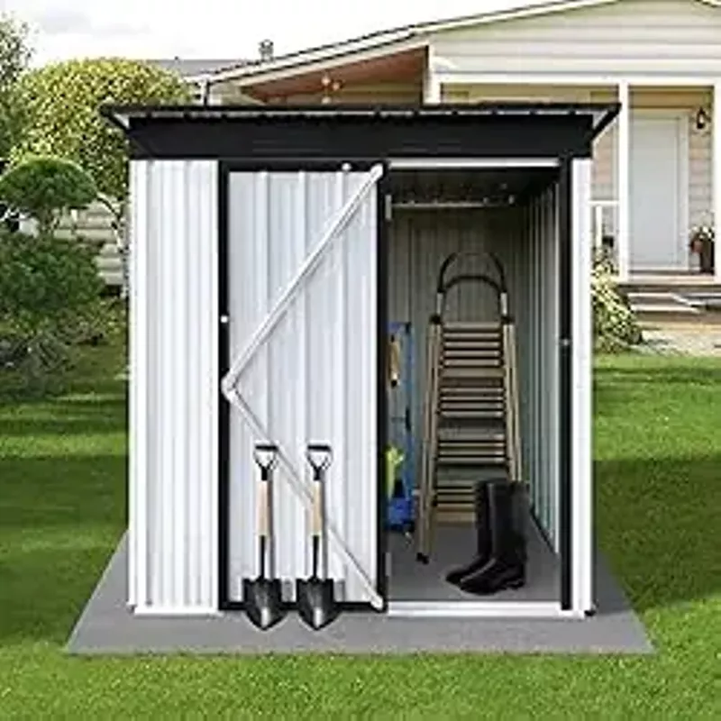 HOHFXM Metal Outdoor Storage Shed 5FT x 4FT, Large Lockable Metal Garden Storage Shed with Air Vent Doors for Backyard Patio Lawn to Store Tools, Bikes, Pet Room, Lawnmowers (White+Black)