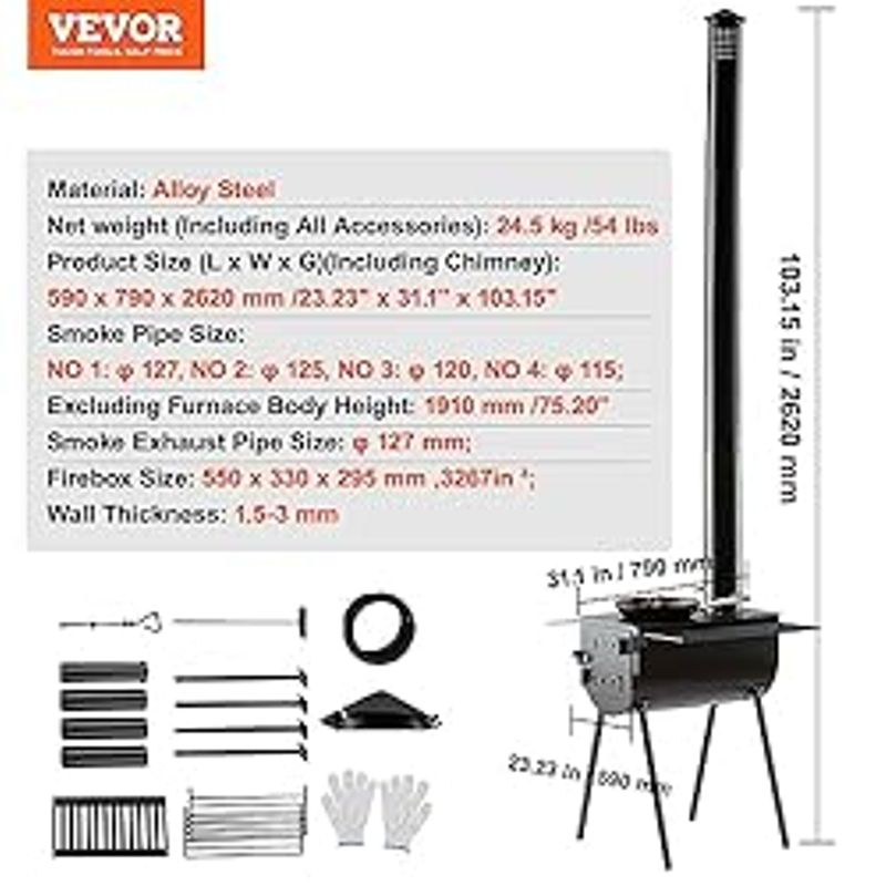 VEVOR Wood Stove, 118 inch, Alloy Steel Camping Tent Stove, Portable Wood Burning Stove with Chimney Pipes & Gloves, 3000inFirebox Hot...