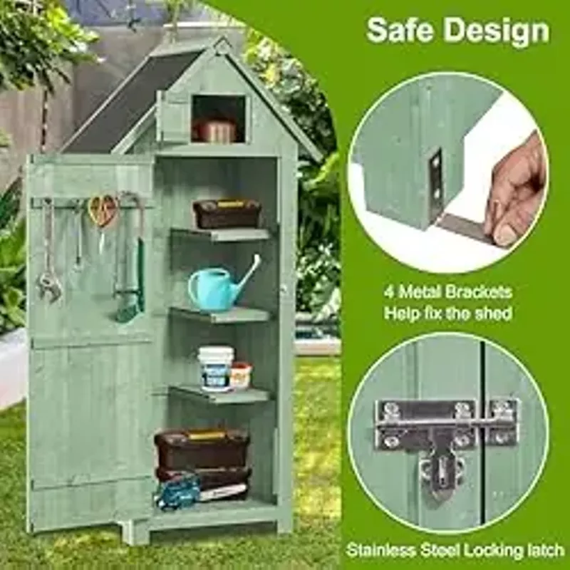 FairOnly Outdoor Shed Storage Cabinet, Garden Wooden Sheds, Outside Storage Cabinet Weather Proof with Floor, Fir Wood Tool Organizer with Door and Shelves for Backyard, Hallway (Green)