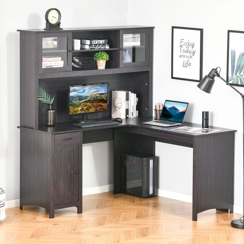 HOMCOM L-Shaped Desk with Hutch, Computer Desk with Drawers, Home Office Corner Desk Study Workstation Table - Grey