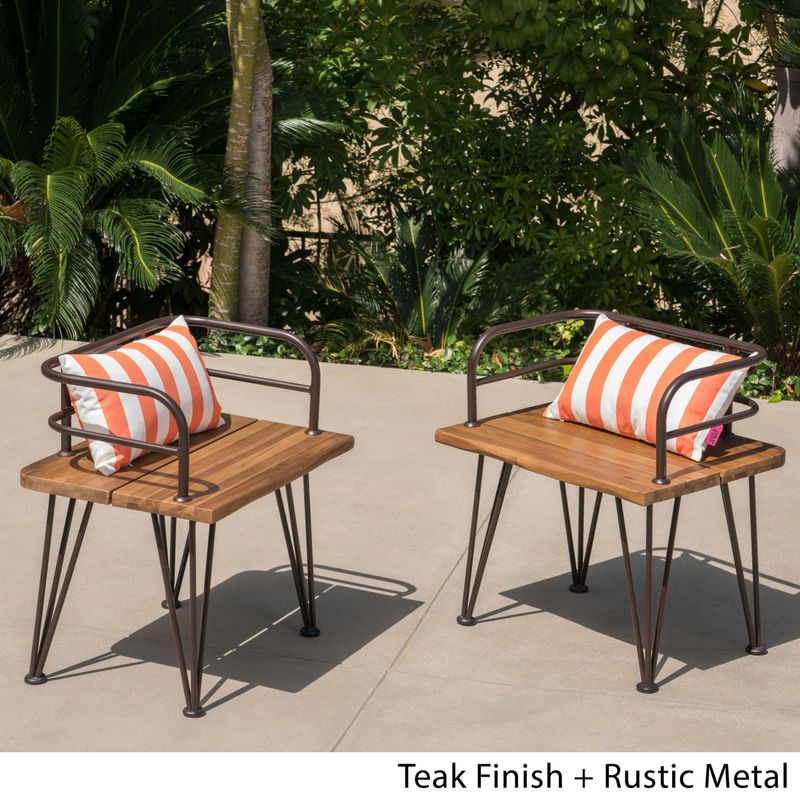 Zion Outdoor Industrial Acacia Wood Club Chair (Set of 2) by Christopher Knight Home - Teak Finish + Rustic Metal