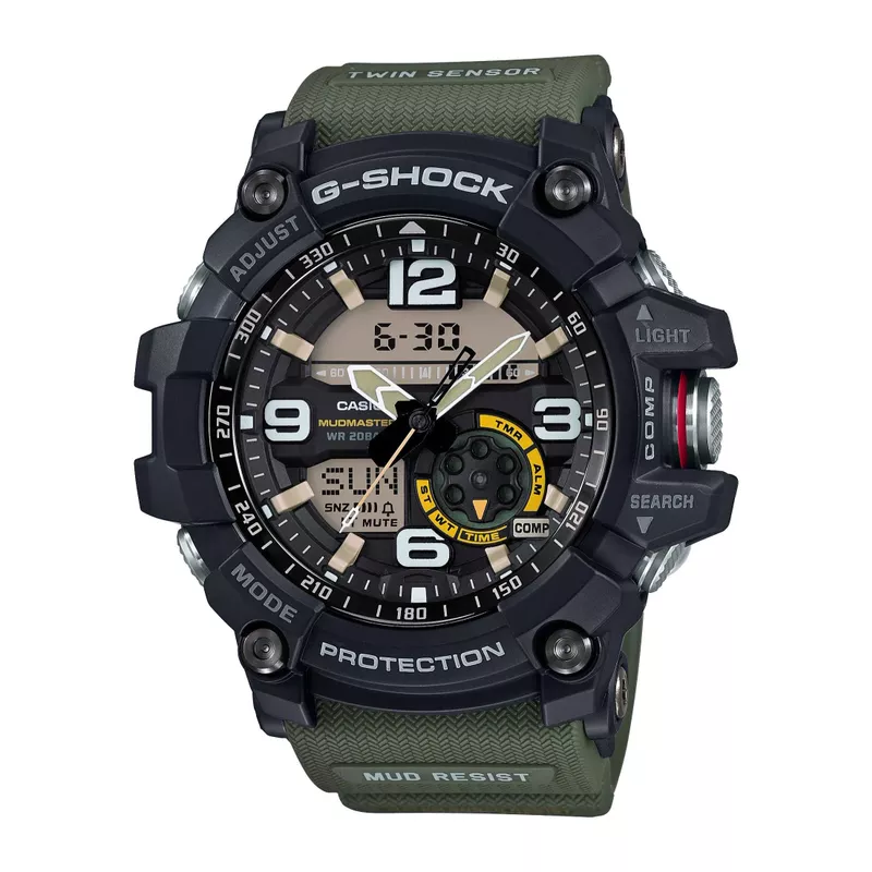 G-Shock - Mens Mudmaster Analog/Digital Green Cloth Band Watch Black Dial