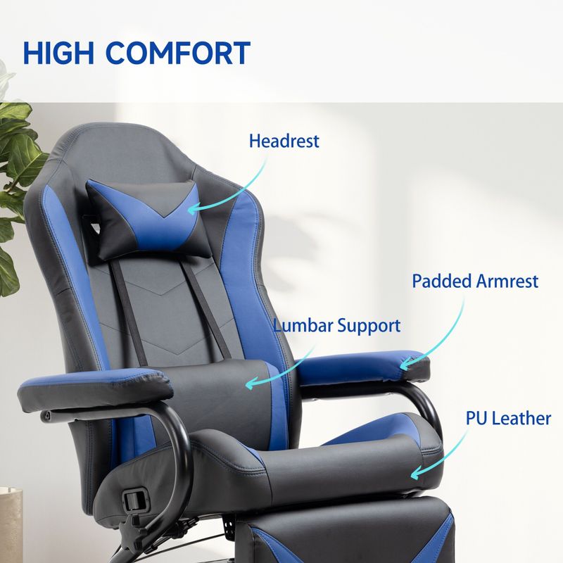HOMCOM Gaming Recliner, Racing Style Video Gaming Chair with Adjustable Backrest and Footrest - Blue