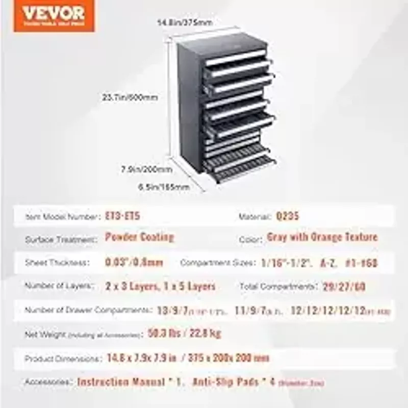 VEVOR Dispenser Cabinet 3 Pieces Three Letter, Five-Drawer Organizer for Wire Gauge Sizes, Stackable for Drill Bit Storage, (1/16" to 1/2")+(A to Z)+(1 to 60), Gray with Orange Texture