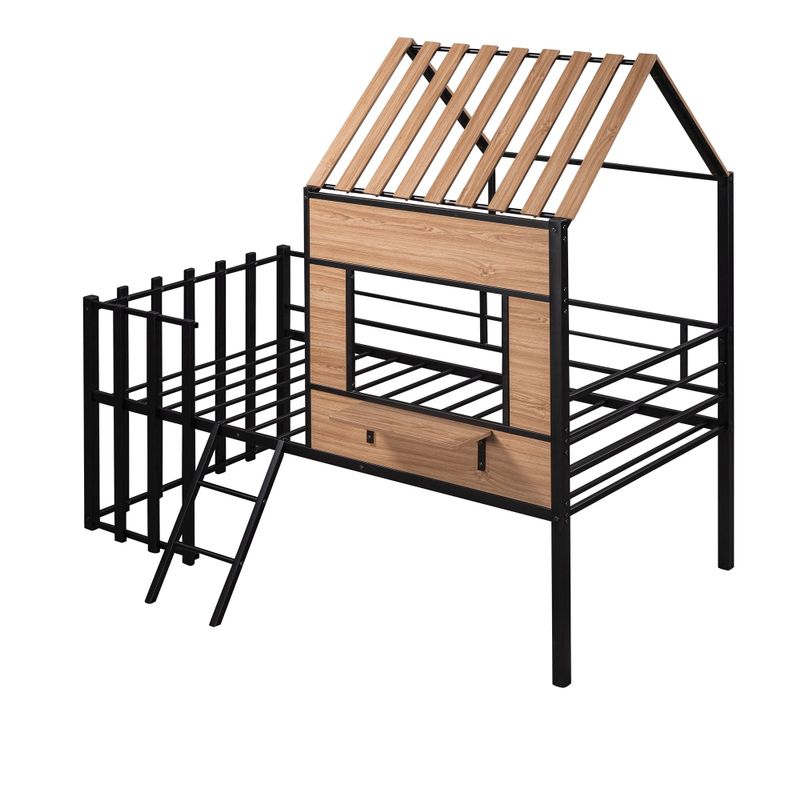 Nestfair Metal Twin size Loft Bed with Roof and Guardrail - Black