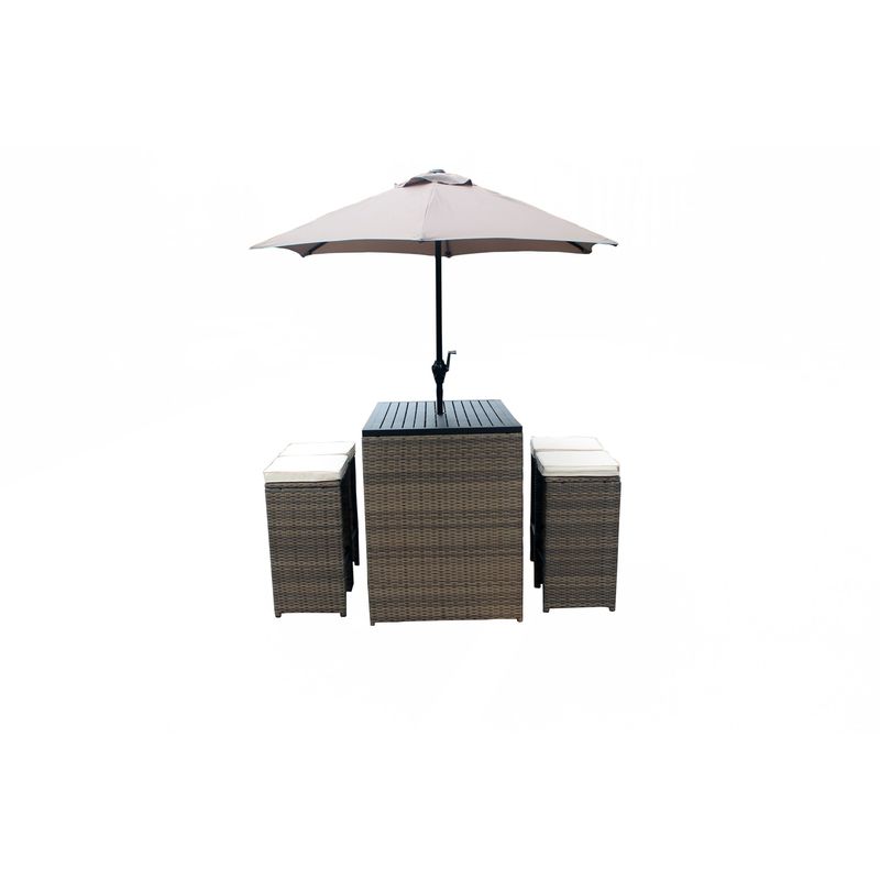 LuxuryLivingFurniture 6 Piece Wicker Rattan Outdoor Bar Set with Umbrella - White