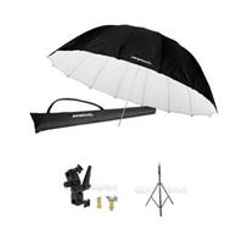 Westcott 7 Feet Parabolic Umbrella, White/Black BUNDLE with Umbrella Bracket / Adjutsable Flash Mount, 8.5' Black Lightstand