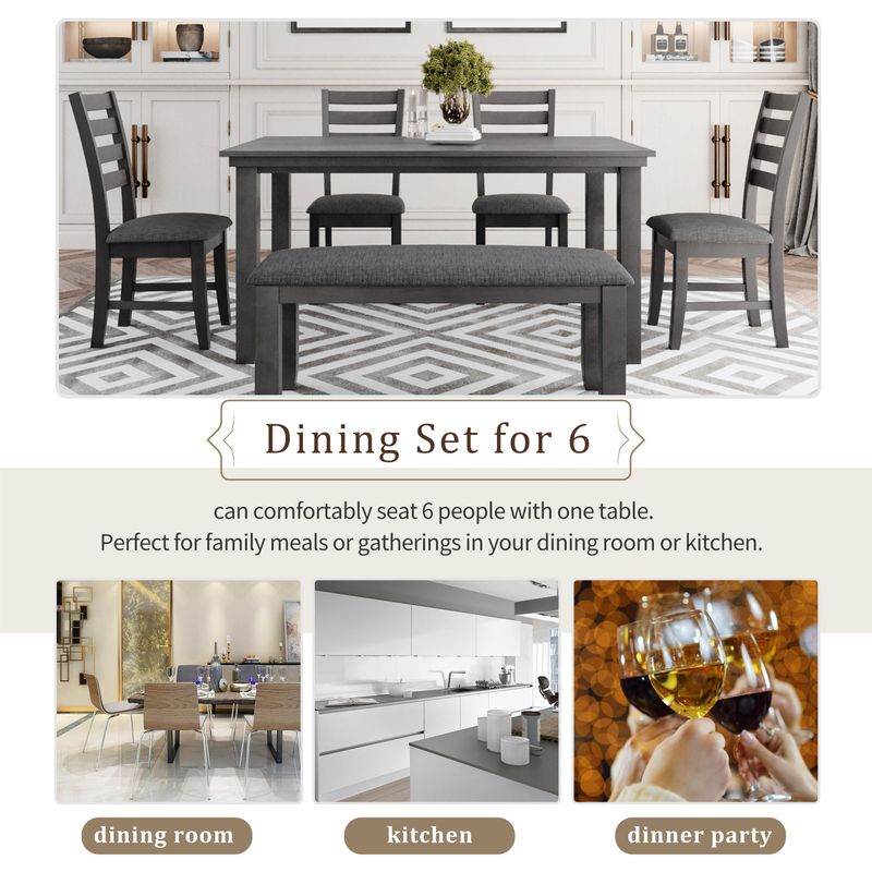 Dining Room Table and Chairs with Bench, Rustic Wood Dining Set - Grey